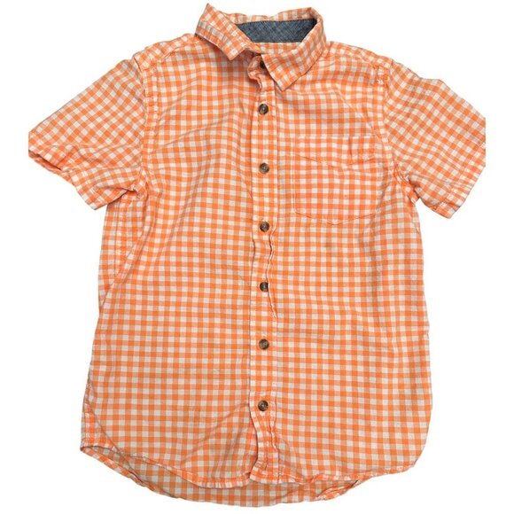 cat & jack orange and white check plaid short sleeve button down shirt - Picture 1 of 4